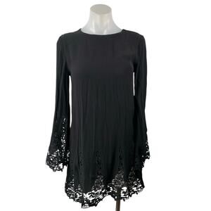 Olivaceous Women's Black Crochet Lace Hem Long Bell Sleeve Mini A-Line Dress M